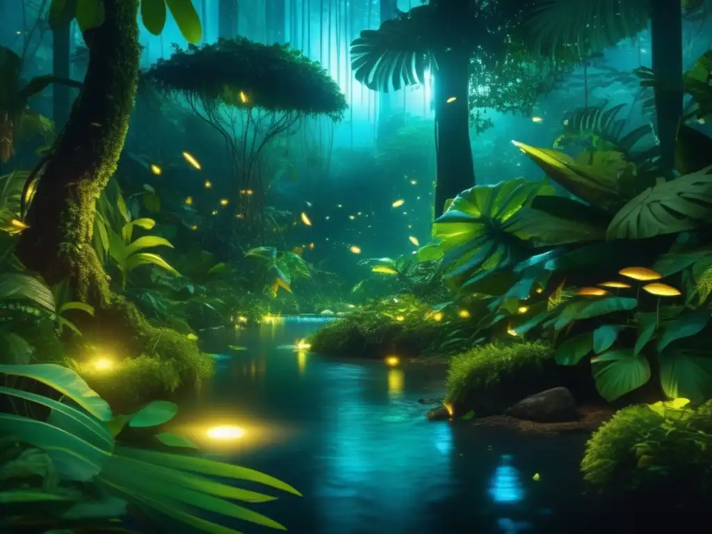 Una imagen nocturna de un exuberante bosque tropical con bioluminiscencia muestra la importancia de este fenómeno en la naturaleza