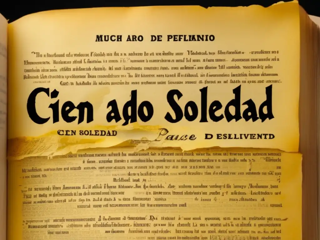 La imagen muestra una página amarillenta de 'Cien Años de Soledad' con símbolos que representan tiempo, memoria y destino