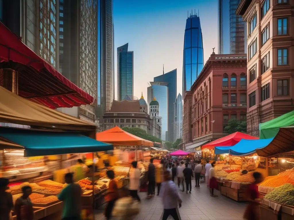 Una imagen panorámica de una bulliciosa ciudad, reflejando la diversa migración contemporánea