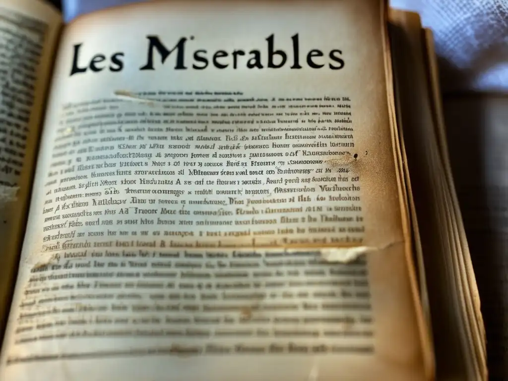 La imagen muestra un primer plano de un ejemplar muy usado de 'Los Miserables' de Víctor Hugo, con páginas desgastadas y bordes rasgados