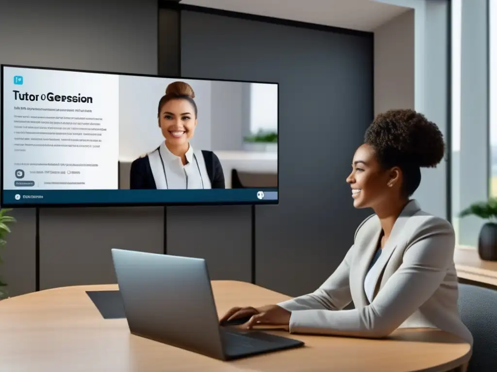 Aula virtual: Tutoría profesional en videoconferencia Una imagen profesional y moderna muestra una videoconferencia entre un tutor y un estudiante, mejorando la comunicación en tutorías virtuales
