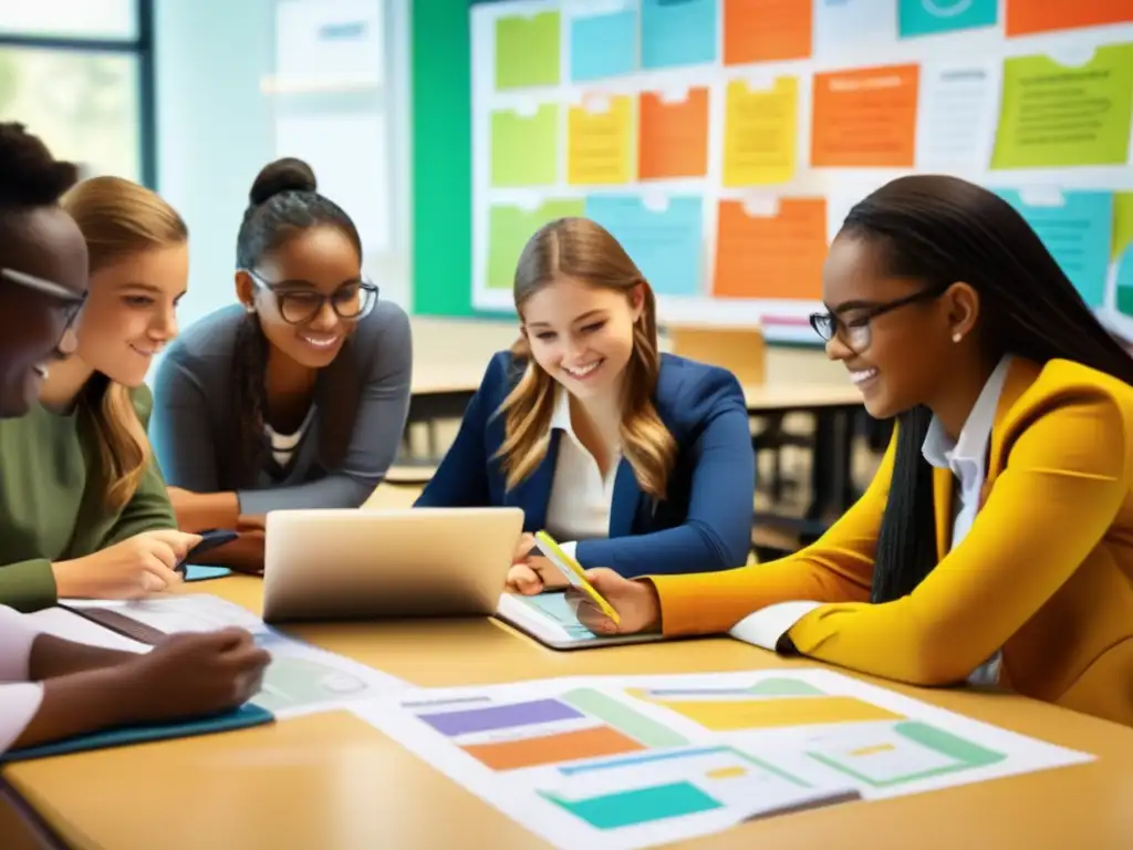 Una imagen de alta resolución muestra un aula moderna con estudiantes participando en un aprendizaje colaborativo