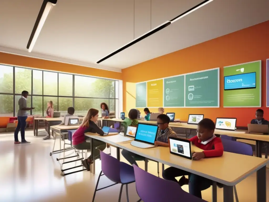 Un aula moderna y digital: estudiantes activos, aprendizaje interactivo Una imagen de alta resolución muestra un aula moderna con estudiantes usando herramientas digitales para adaptabilidad curricular