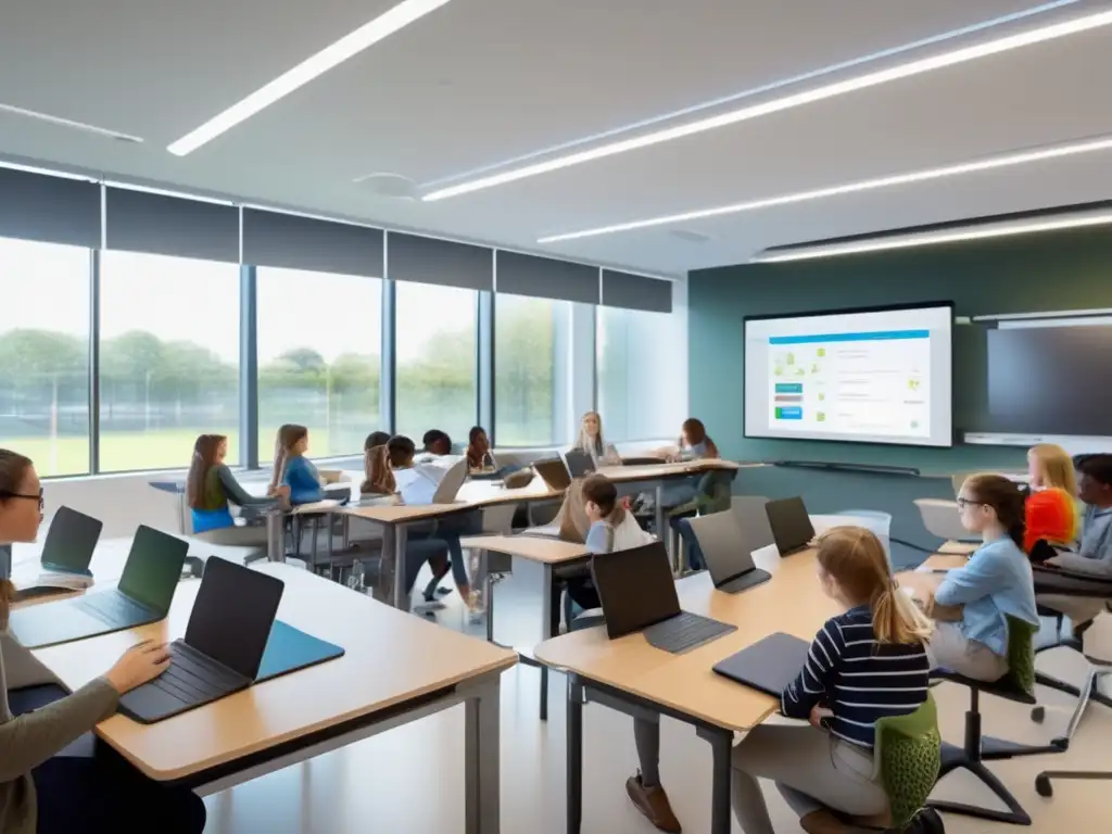 Una imagen de alta resolución de un aula moderna llena de estudiantes utilizando herramientas tecnológicas para el aprendizaje