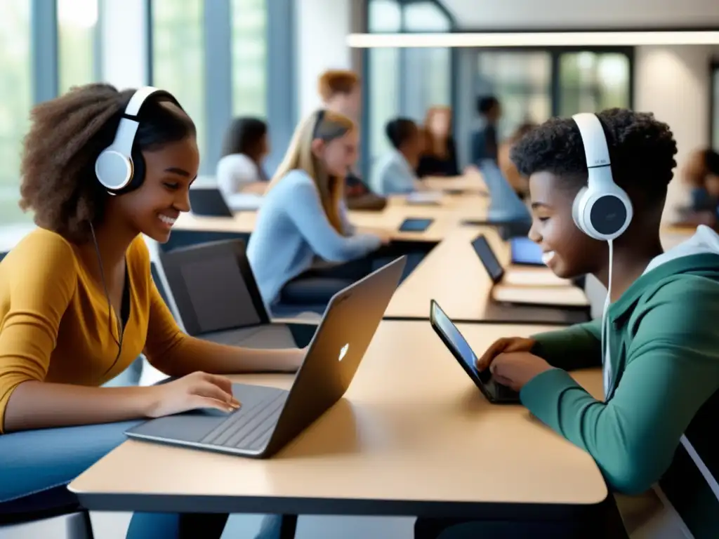 Revolución educativa: Aulas personalizadas con tecnología avanzada Una imagen de alta resolución muestra un aula moderna con estudiantes participando en tutoría adaptativa personalizada