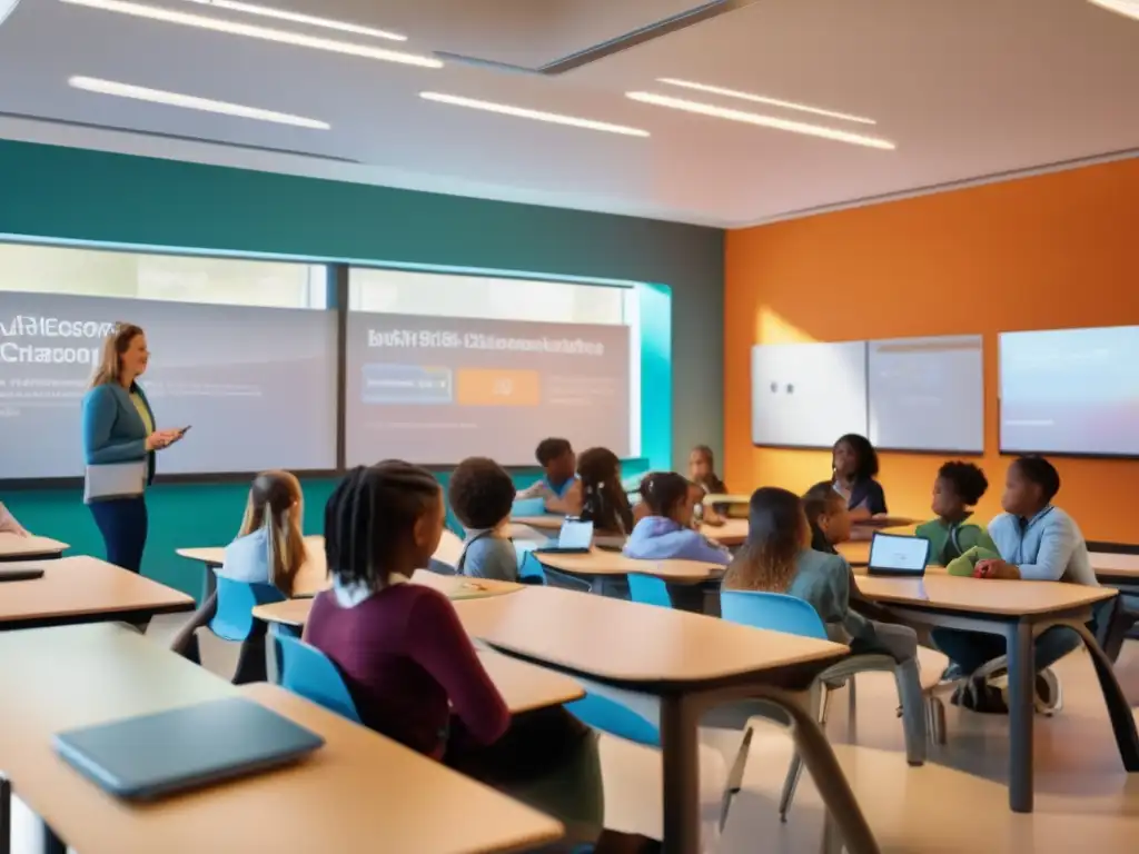 Una imagen de alta resolución de un aula moderna, iluminada suavemente por la luz natural, con colores vibrantes y un diseño elegante