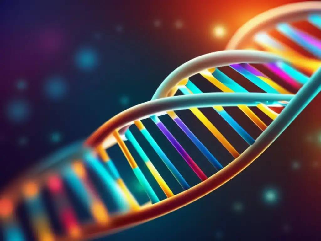 Una imagen de alta resolución de una estructura de doble hélice de ADN con colores vibrantes y brillantes que representan los diferentes nucleótidos