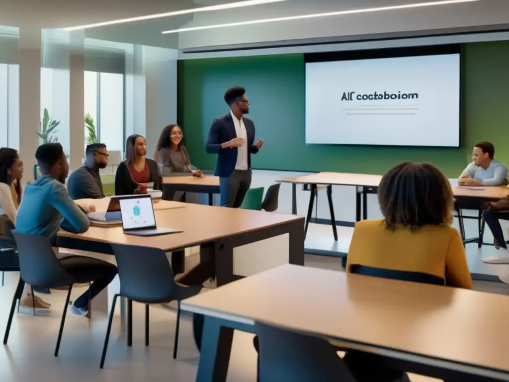 Una imagen de alta resolución muestra un grupo diverso de estudiantes participando en una sesión colaborativa en un aula moderna