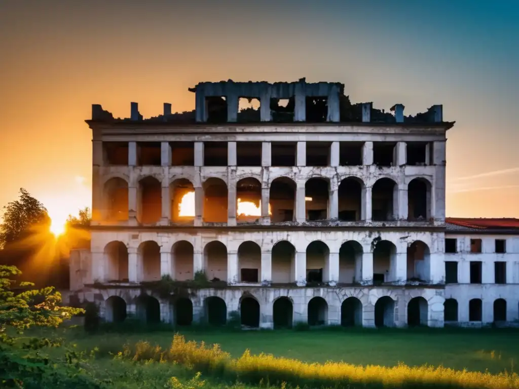 La imagen muestra los restos arruinados y cubiertos de maleza de un majestuoso edificio gubernamental en Yugoslavia, con el sol poniéndose al fondo