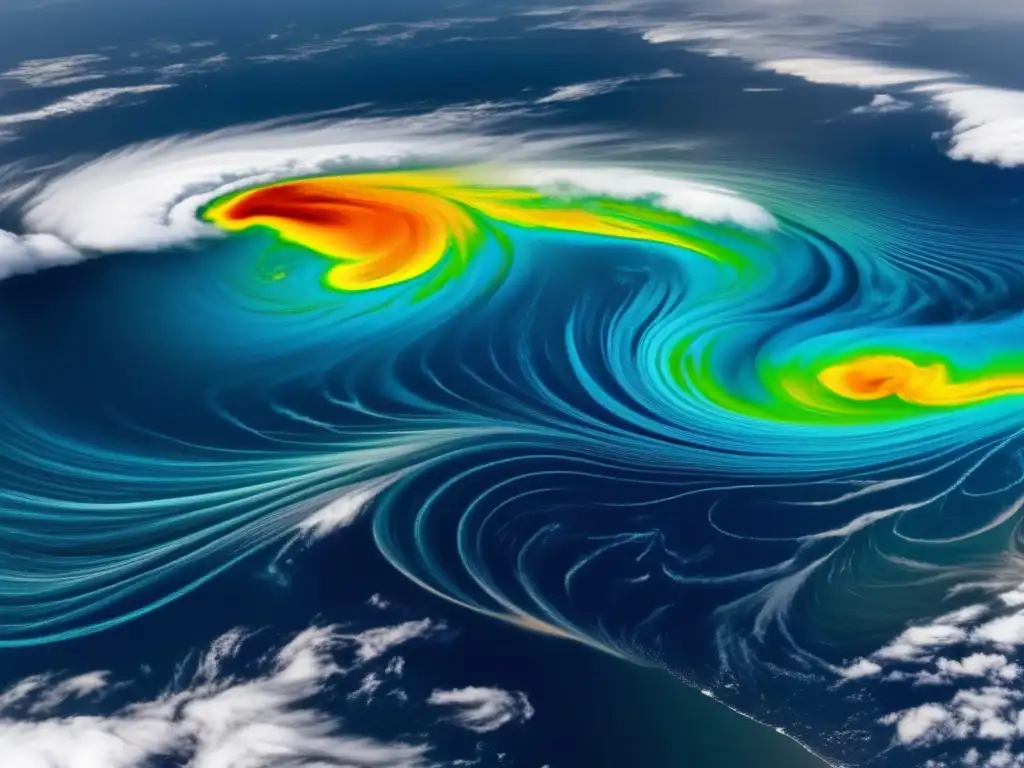 Una imagen satelital de alta resolución muestra patrones climáticos sobre un vasto océano, ilustrando la compleja dinámica de la atmósfera