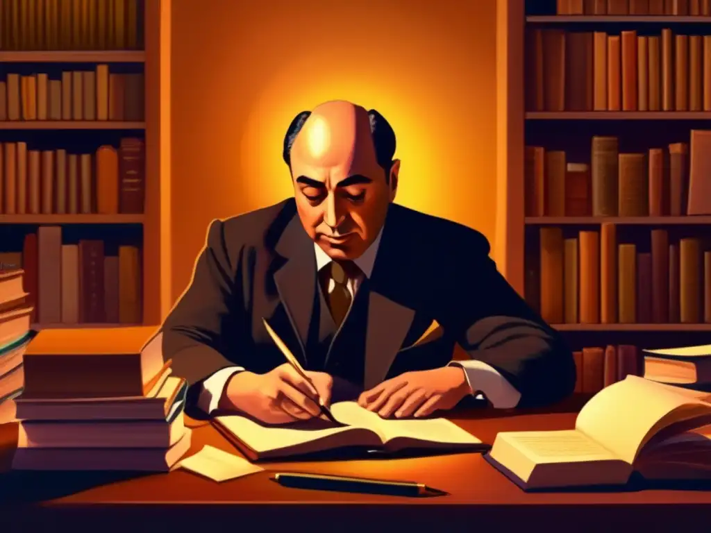 En la imagen, Pablo Neruda está sentado en su escritorio, rodeado de libros y papeles