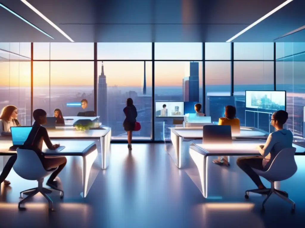 Futuro de la educación: Aulas virtuales y tecnología avanzada Una imagen ultradetallada en 8k muestra un aula futurista con plataformas de tutorías online personalizadas