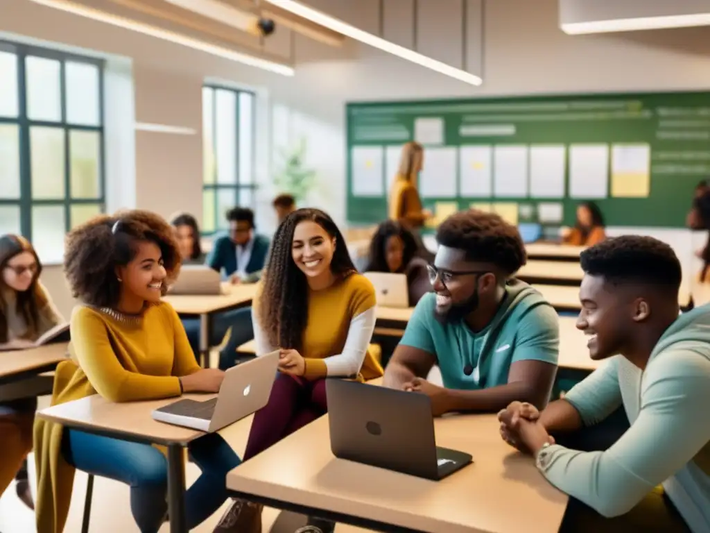 Una imagen 8k ultradetallada muestra un aula luminosa donde estudiantes diversos se sumergen en sus dispositivos