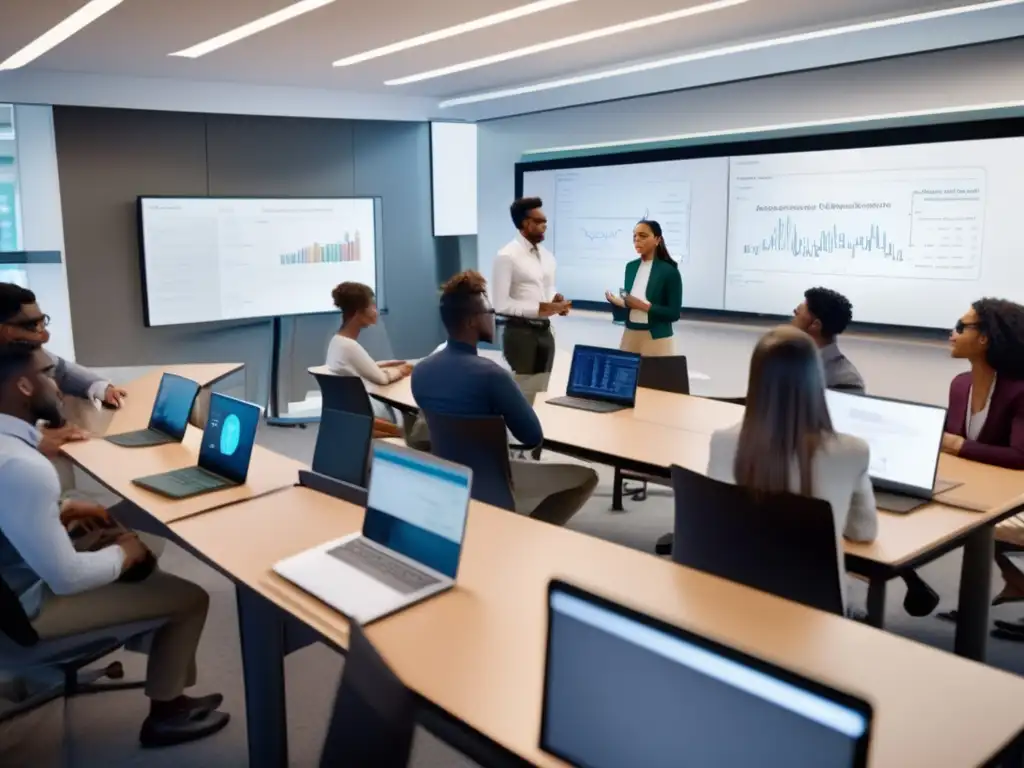 Una imagen 8k ultradetallada muestra a estudiantes diversos en una clase de optimización especializada