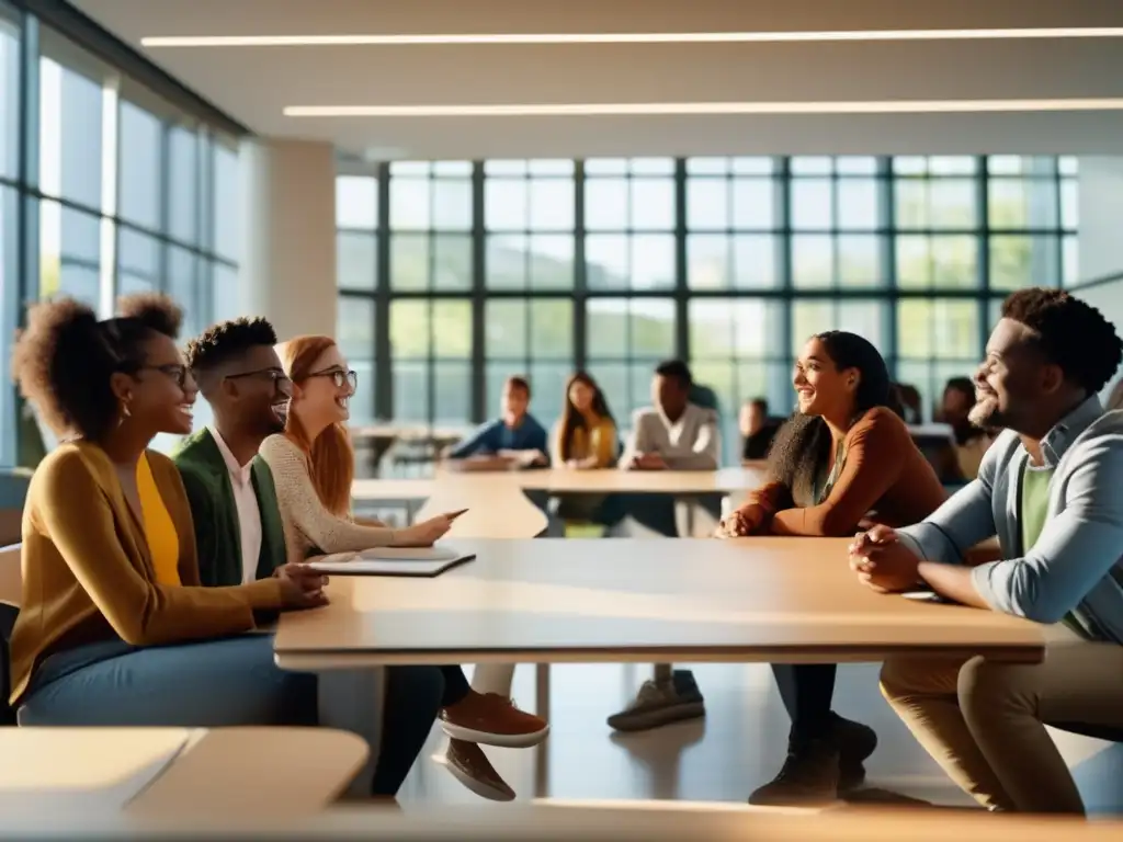 Una imagen 8k ultradetallada de estudiantes diversos en un aula moderna, participando en una animada discusión sobre evolución