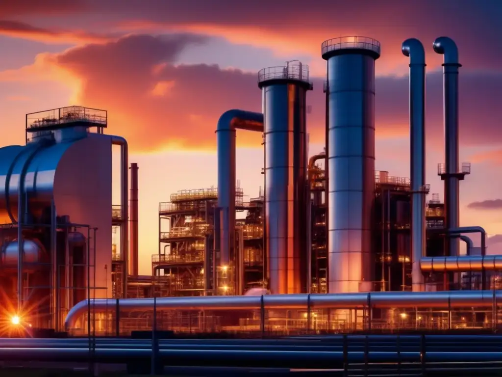 Una imagen 8k ultradetallada muestra una moderna planta química industrial al atardecer, reflejando innovación y beneficios de la química inorgánica