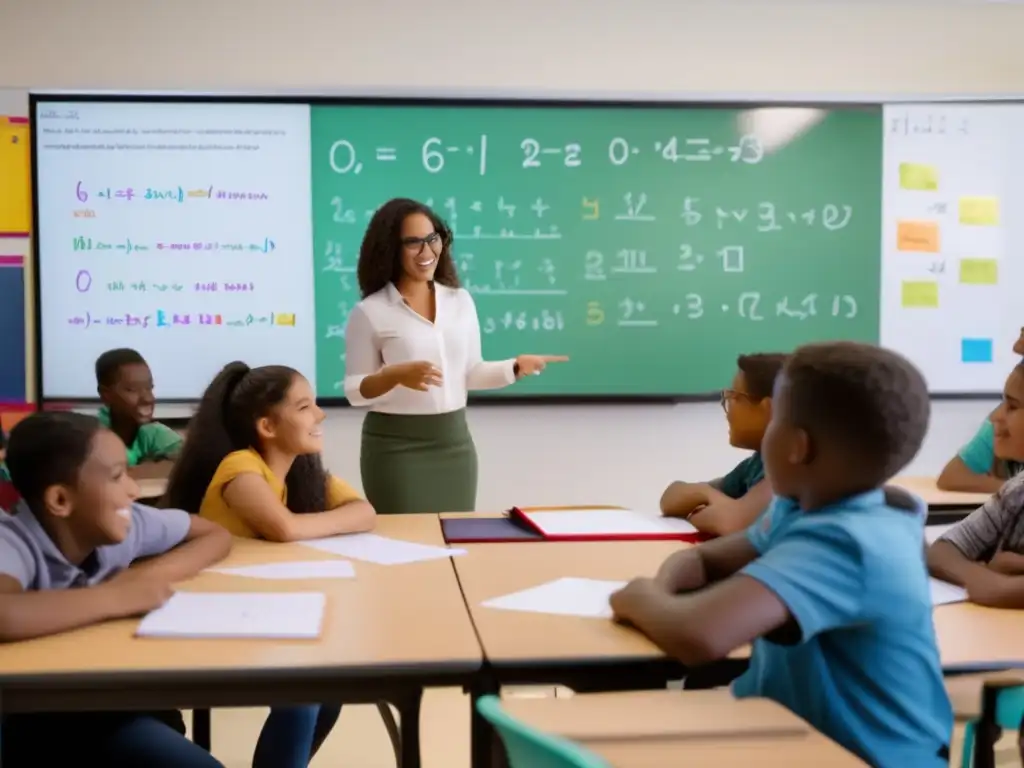 Una imagen vibrante de una aula llena de vida, donde estudiantes diversos participan activamente en actividades matemáticas