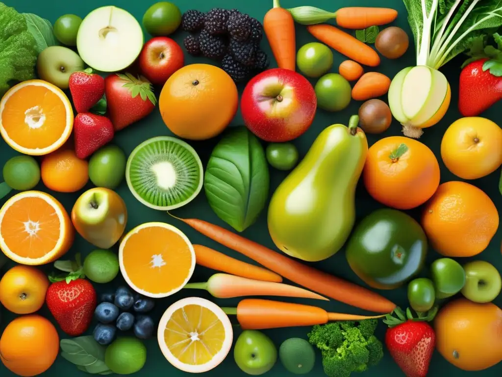 Una imagen vibrante y visualmente deslumbrante, muestra una variedad colorida de frutas y verduras