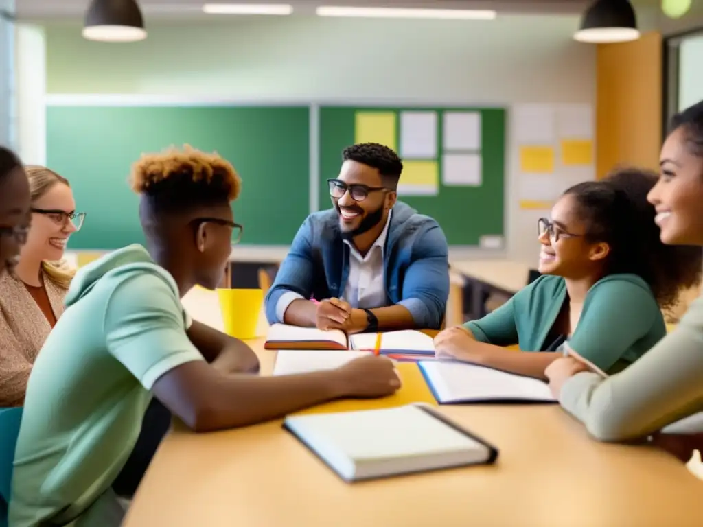 Una imagen vibrante de estudiantes diversos participando activamente en una tutoría académica colaborativa