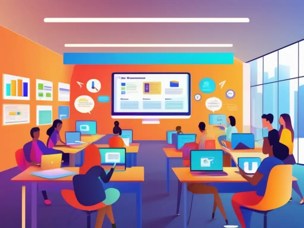 La experiencia educativa del futuro: eBooks interactivos en el aula virtual Una imagen vibrante y moderna que muestra un aula virtual con estudiantes interactuando en eBooks