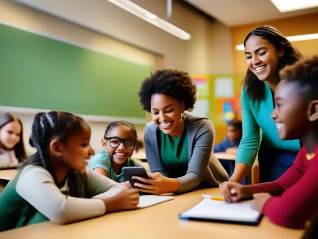 Una imagen vibrante y moderna que muestra un aula llena de luz natural, donde estudiantes diversos se involucran en actividades educativas