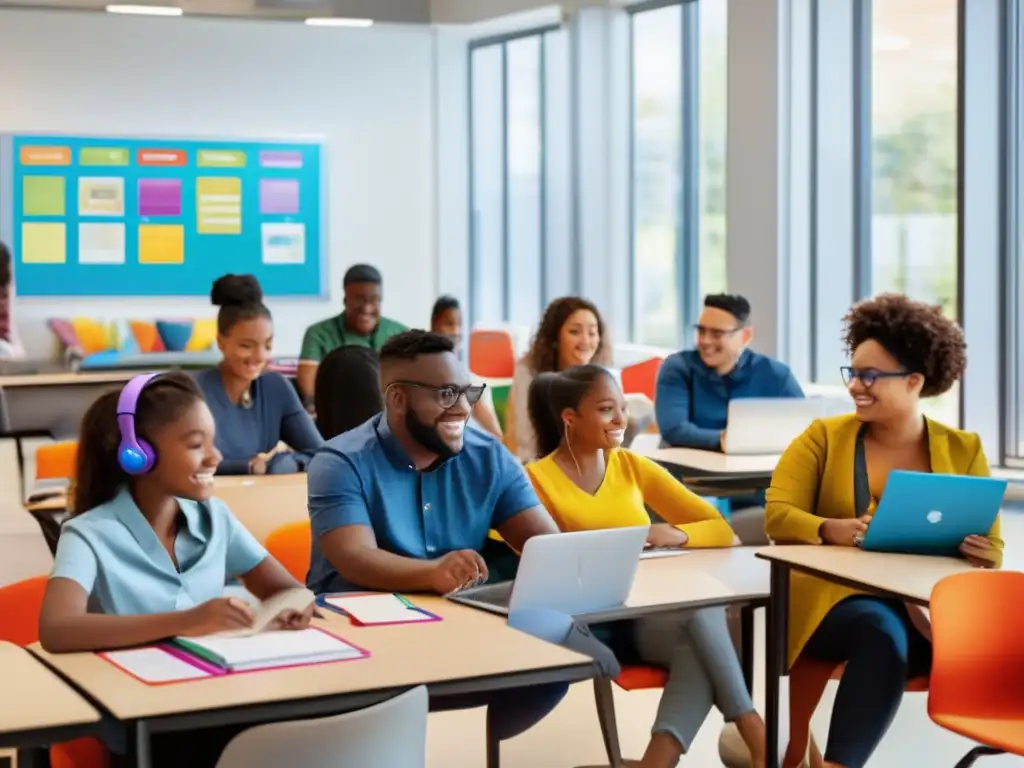 Una imagen vibrante y moderna muestra a un diverso grupo de personas aprendiendo idiomas con entusiasmo y determinación