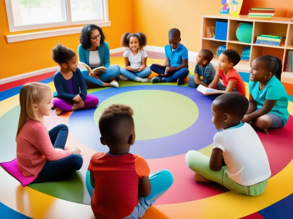 Una imagen vibrante y moderna muestra a un diverso grupo de niños participando en una estimulante tutoría de lenguaje