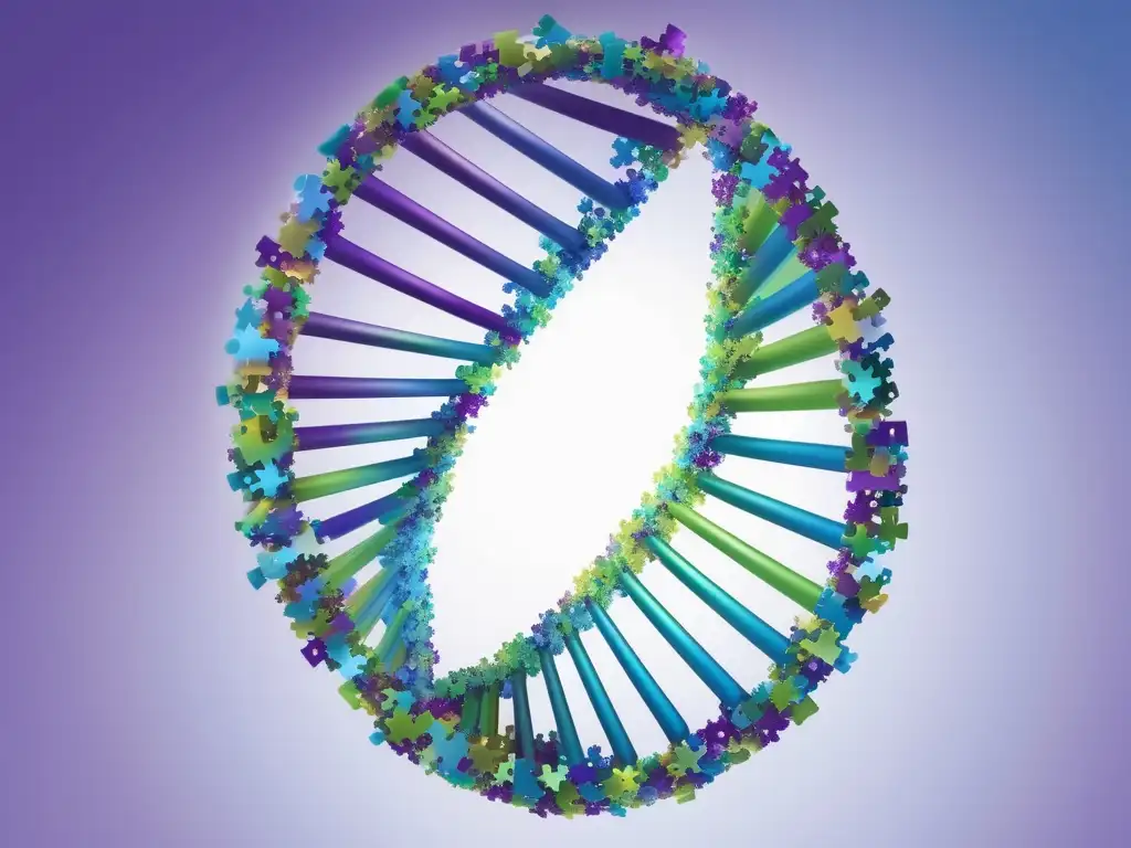 Una imagen vibrante y moderna muestra una doble hélice de ADN compuesta por piezas de rompecabezas coloridas