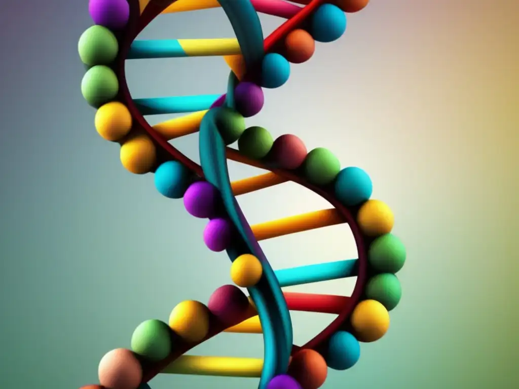 Una imagen vibrante y moderna que muestra una estructura de ADN entrelazada con hilos coloridos representando diferentes rasgos genéticos