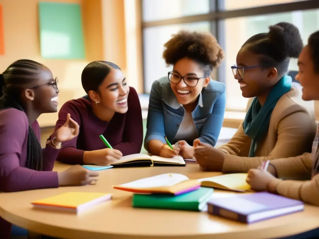 Una imagen vibrante y moderna que muestra a estudiantes diversos participando en una sesión de aprendizaje colaborativo