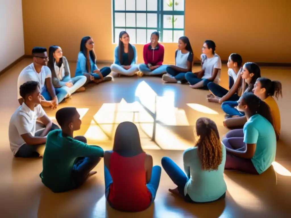 Una imagen vibrante y moderna muestra a estudiantes diversos en círculo, participando activamente en tutorías especializadas en inteligencia emocional