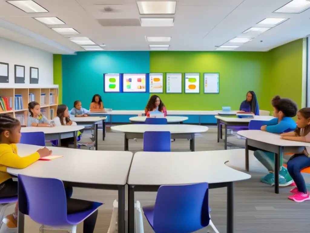 Una imagen vibrante y moderna que muestra a estudiantes diversos participando en una intervención de aprendizaje basada en neurociencia