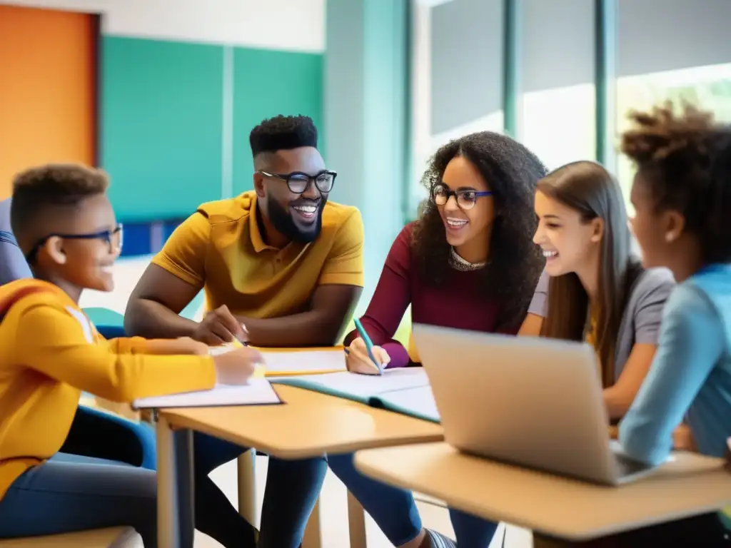 Una imagen vibrante y moderna que muestra a estudiantes entusiastas participando en una sesión de tutoría especializada con el enfoque ABJ