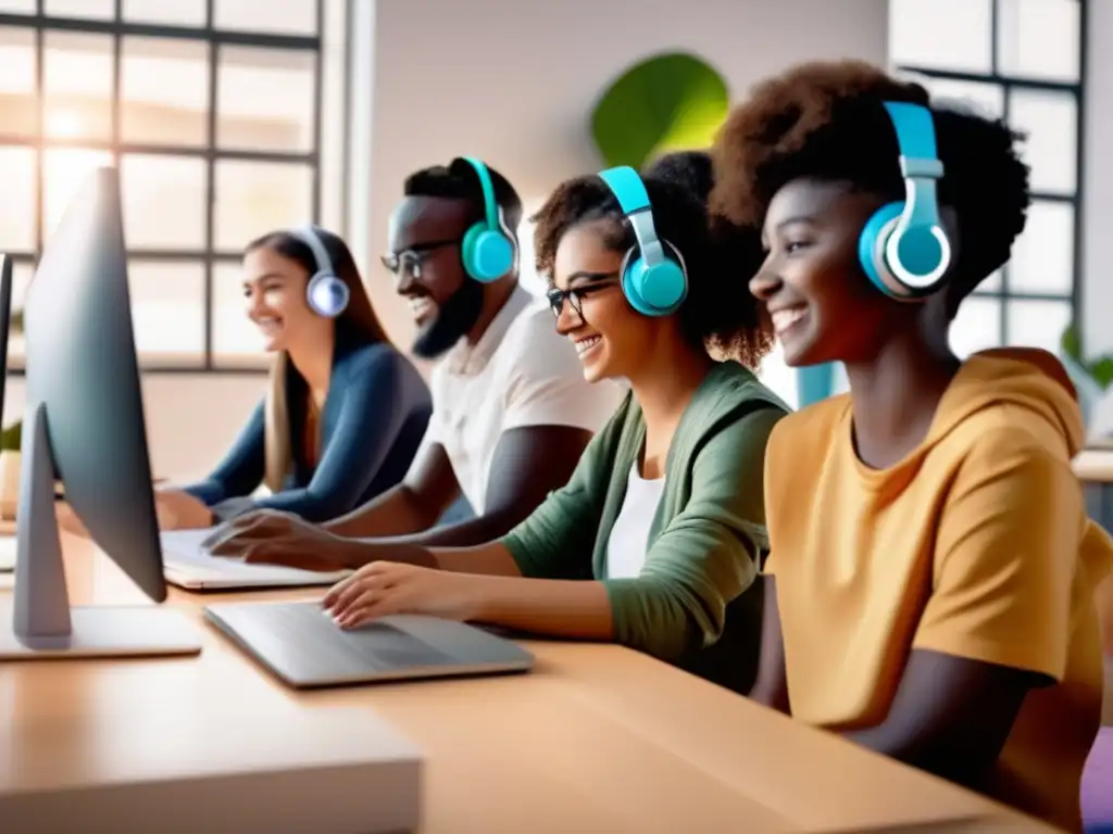 Conexión global: Estudiantes de diferentes edades y culturas aprenden juntos Una imagen vibrante y moderna de estudiantes diversos participando en una tutoría online