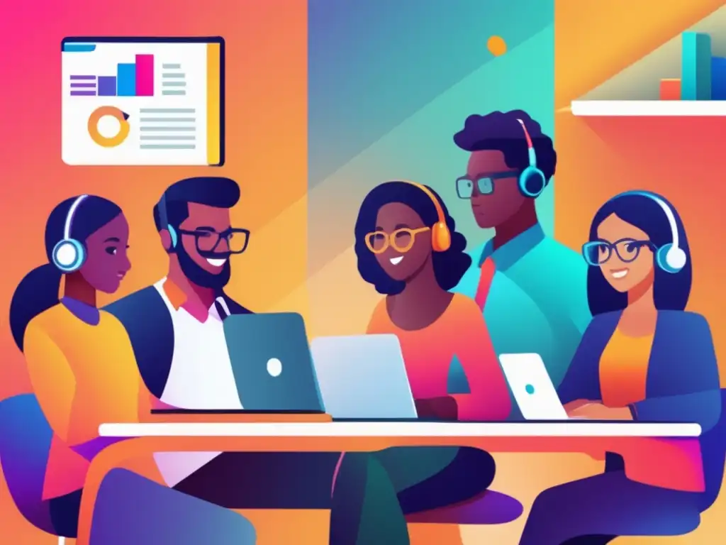 Energía y colaboración: estudiantes diversos en una tutoría online Una imagen vibrante y moderna de estudiantes diversos participando en tutorías online personalizadas