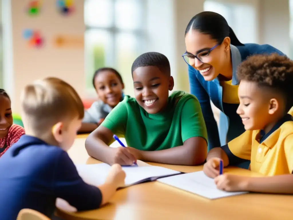 Una imagen vibrante y moderna muestra a estudiantes con autismo en una sesión de tutoría