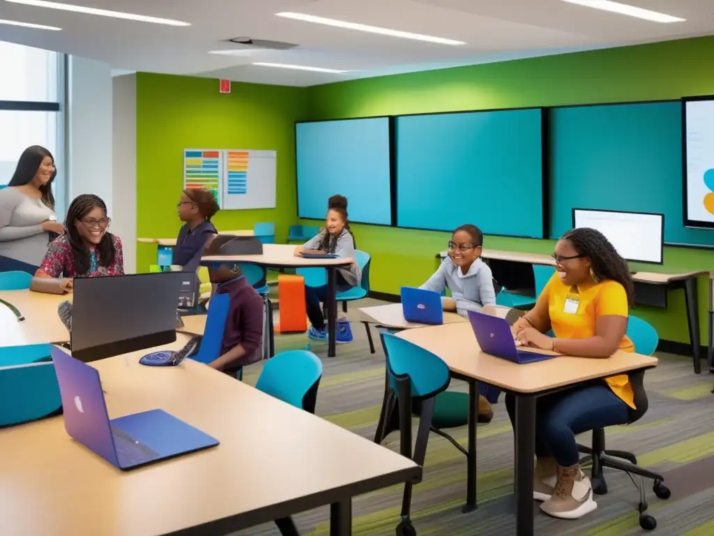 Una imagen vibrante y moderna de estudiantes diversos, colaborando en una aula especializada