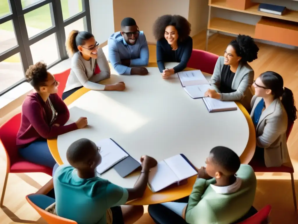 Una imagen vibrante y moderna de estudiantes diversos participando en una discusión significativa durante una sesión de tutoría especializada