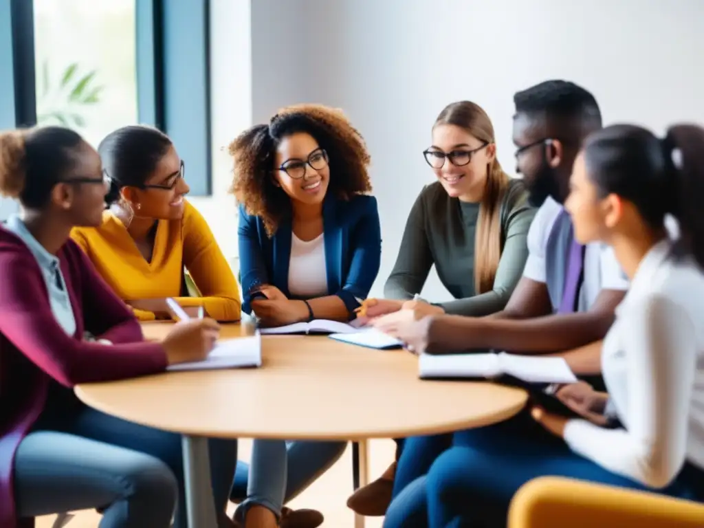 Una imagen vibrante y moderna de estudiantes diversos en una tutoría de gestión del estrés