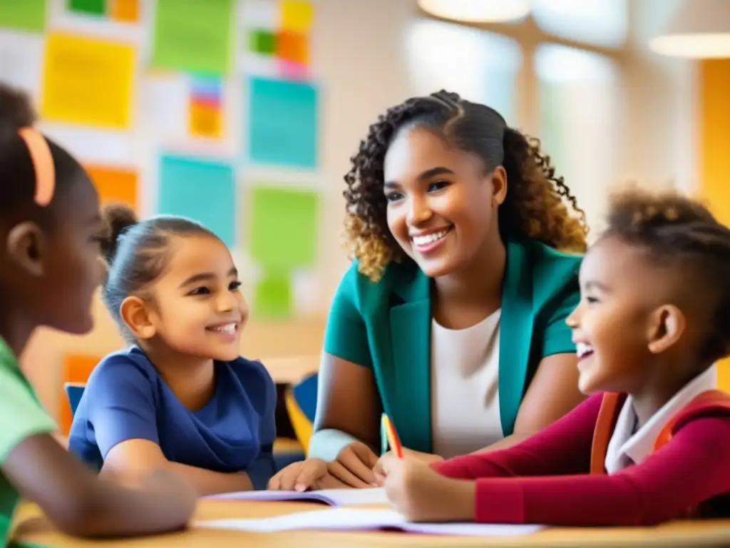 Una imagen vibrante y moderna que muestra a un grupo diverso de niños participando activamente en una sesión de tutoría