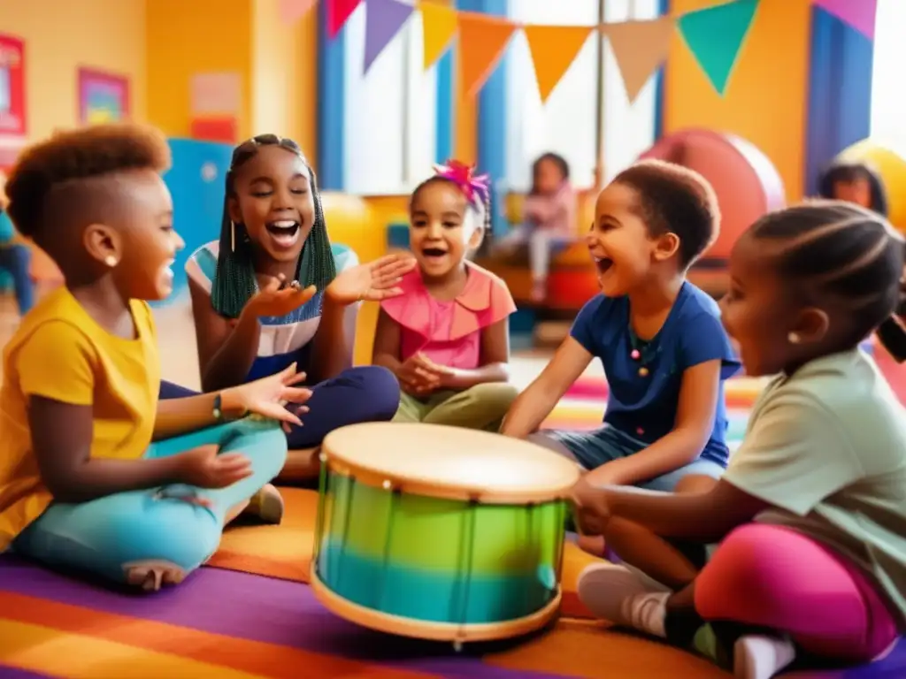 Una imagen vibrante y moderna que muestra a un grupo diverso de niños participando en una sesión de musicoterapia en el aula