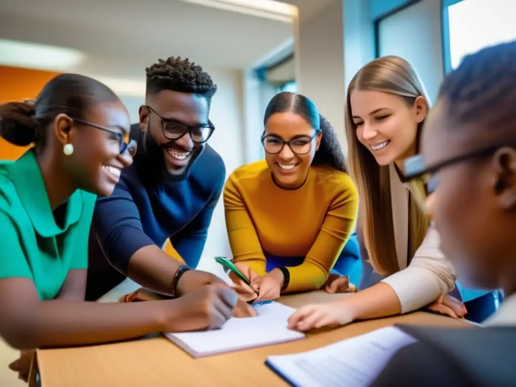 Una imagen vibrante y moderna que muestra un grupo de tutores especializados involucrados en una sesión de aprendizaje práctico con estudiantes