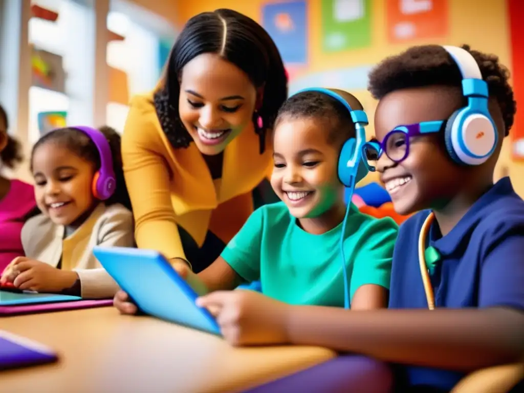 Inclusión y aprendizaje interactivo: niños con necesidades especiales se sumergen en la era tecnológica Una imagen vibrante y moderna muestra a niños diversos con necesidades especiales participando en una sesión de tutoría asistida por tecnología