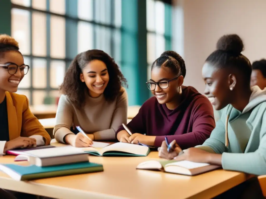 Una imagen vibrante y moderna de una tutoría inclusiva, con estudiantes diversos trabajando juntos en un ambiente cálido y acogedor