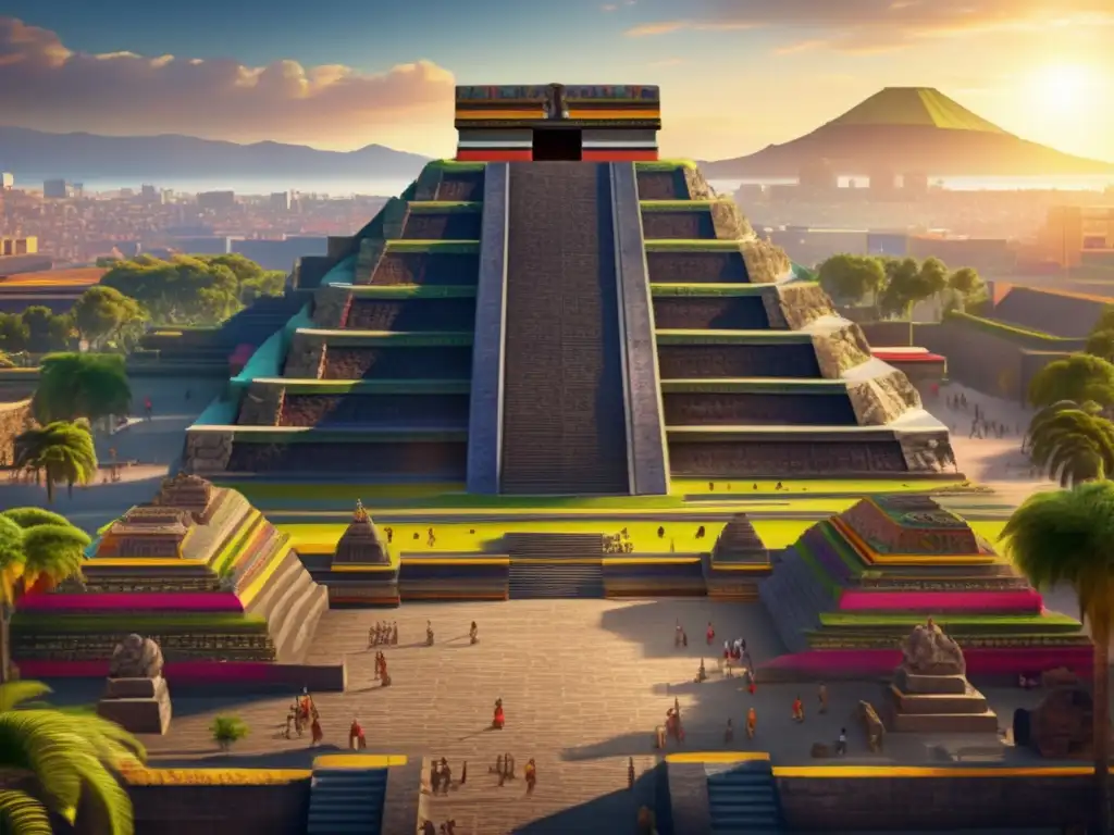 Una imagen vibrante del Templo Mayor en Tenochtitlan, resaltando el poder y religión del Imperio Azteca, con detalles intrincados y colores llamativos