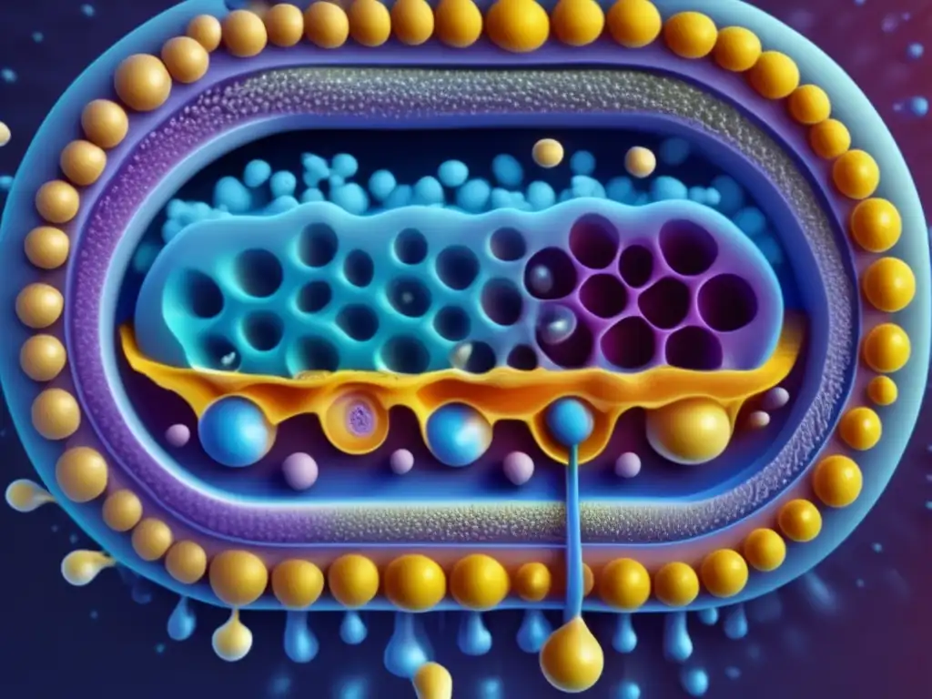 Una imagen vívida y detallada de una sección transversal de una membrana celular, mostrando su estructura compleja y componentes