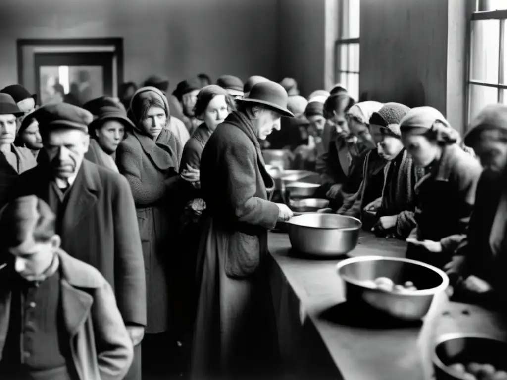 Una impactante fotografía en blanco y negro muestra una concurrida cocina de sopa durante la Gran Depresión, con rostros cansados y abatidos