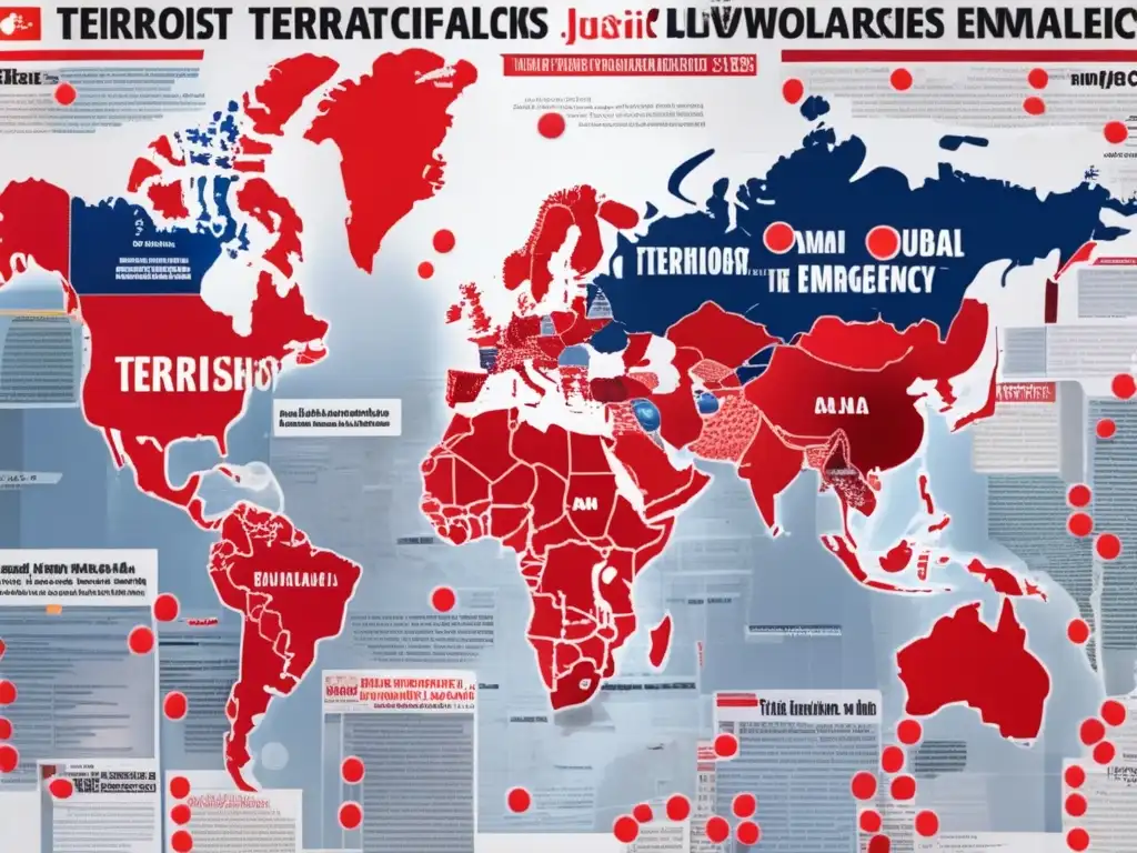 Un impactante collage de titulares de periódicos sobre ataques terroristas en todo el mundo, con imágenes de ciudades devastadas, familias en duelo y equipos de emergencia