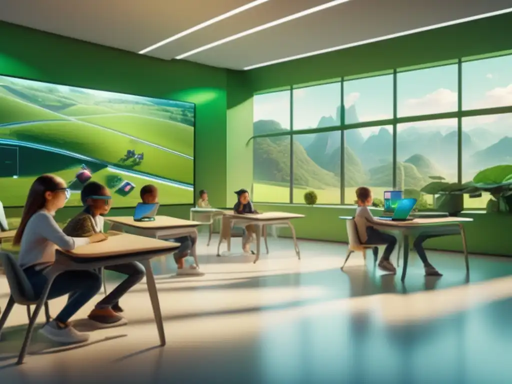 Aula futurista de realidad aumentada: educación inmersiva y transformadora Una impactante imagen 8K muestra un aula futurista equipada con tecnología avanzada de realidad aumentada