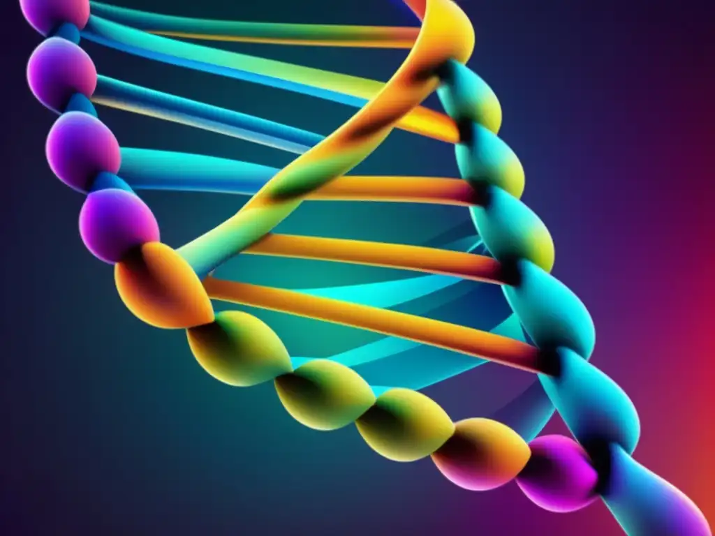 Una impactante imagen detallada de una estructura de doble hélice de ADN, deslumbrante en colores vibrantes